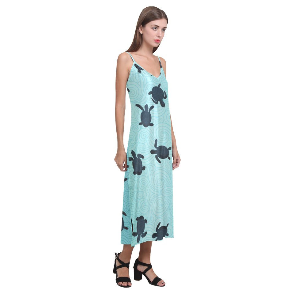 Sea turtle with blue ocean backgroud V-Neck Open Fork Long Dress