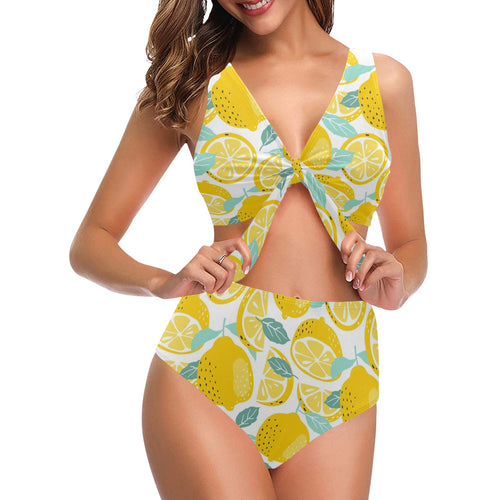 lemon design pattern Chest Bowknot High Waisted Bikini Swimsuit