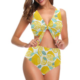 lemon design pattern Chest Bowknot High Waisted Bikini Swimsuit