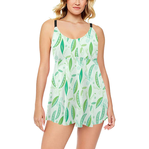 Green Peas Pattern Print Design 01 Chest Sexy Pleated Two Piece Swim Dress