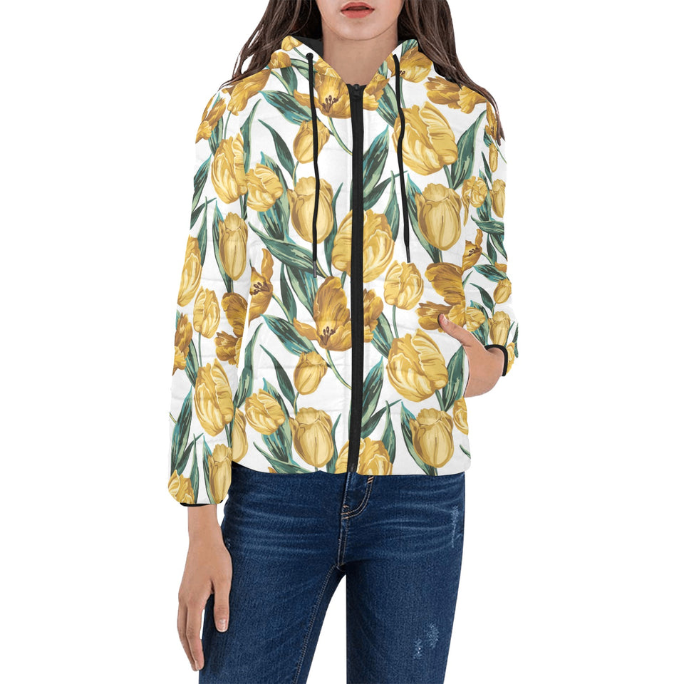 yellow tulips pattern Women's Padded Hooded Jacket