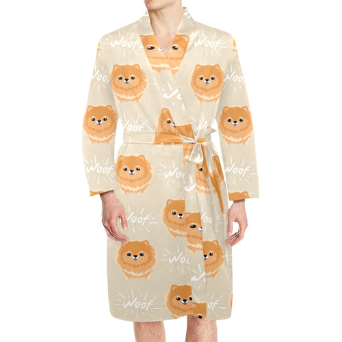 Cute brown pomeranian puppy on blue Men's Long Sleeve Belted Night Robe