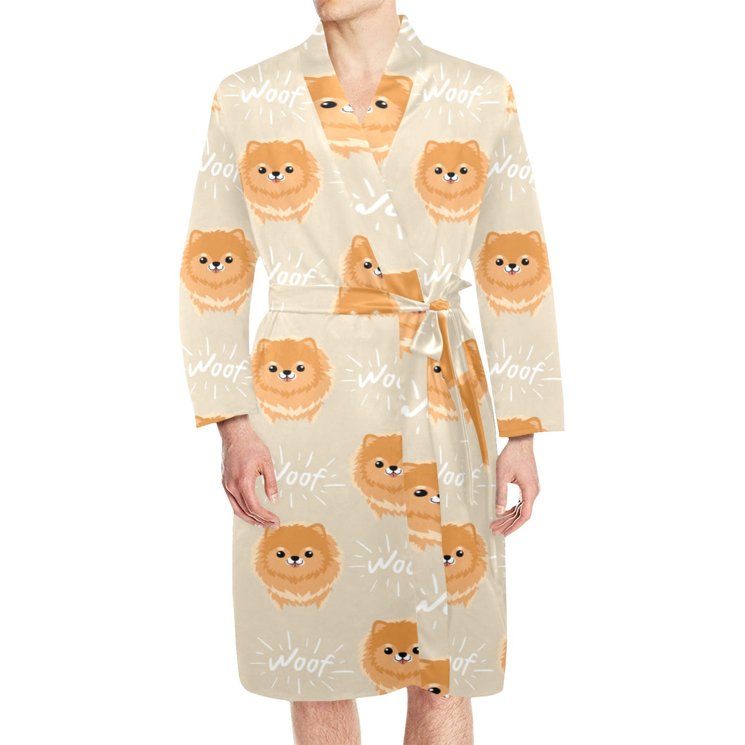 Cute brown pomeranian puppy on blue Men's Long Sleeve Belted Night Robe