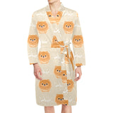 Cute brown pomeranian puppy on blue Men's Long Sleeve Belted Night Robe