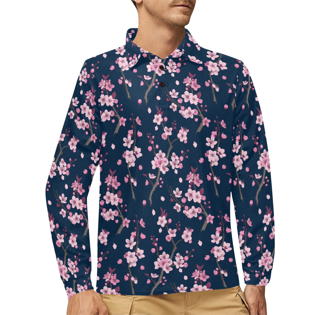 Pink sakura cherry blossom blue background Men's Long Sleeve Polo Shirt