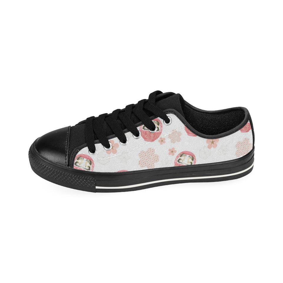 Daruma japanese wooden doll cherry blossom flower Men's Low Top Canvas Shoes Black