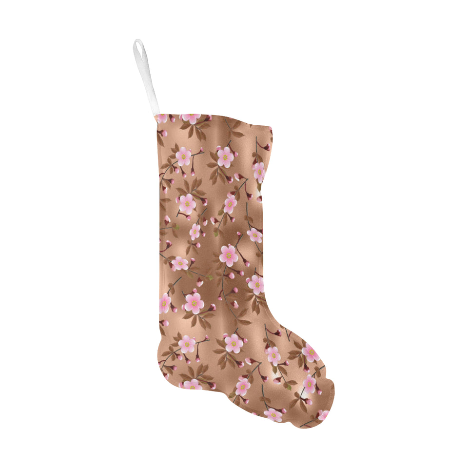 Pink sakura cherry blossom drak brown background Christmas Stocking
