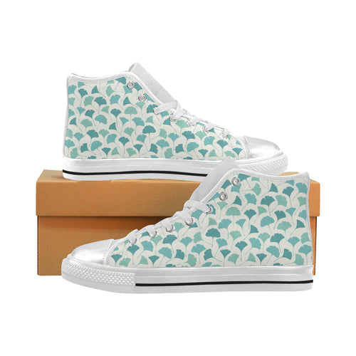 Green ginkgo leaves pattern Women's High Top Canvas Shoes White