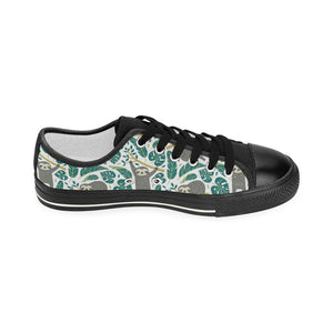 Cute sloths tropical palm leaves white background Kids' Boys' Girls' Low Top Canvas Shoes Black