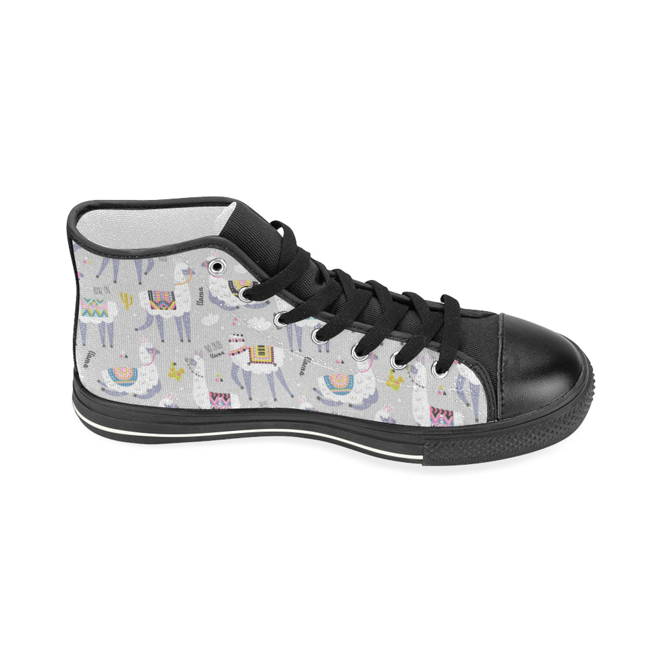 Cute Llama Alpaca pattern Women's High Top Canvas Shoes Black