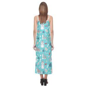 Christmas cute siberian husky puppie pattern V-Neck Open Fork Long Dress