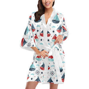 Cute color paper sailboat pattern Women's Short Kimono Robe