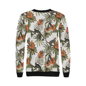 Monkey red hibiscus flower palm leaves floral patt Women's Crew Neck Sweatshirt