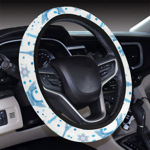 Blue Eiffel Tower Theme Pattern Print Design 01 Car Steering Wheel Cover