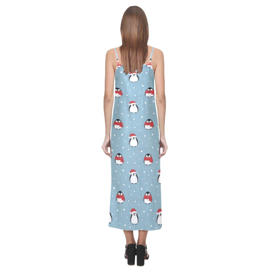 Cute penguin christmas snow pattern V-Neck Open Fork Long Dress