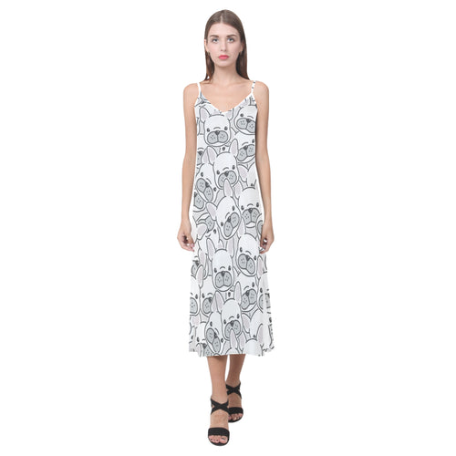 Cute french bulldog head pattern V-Neck Open Fork Long Dress
