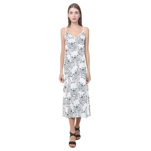 Cute french bulldog head pattern V-Neck Open Fork Long Dress