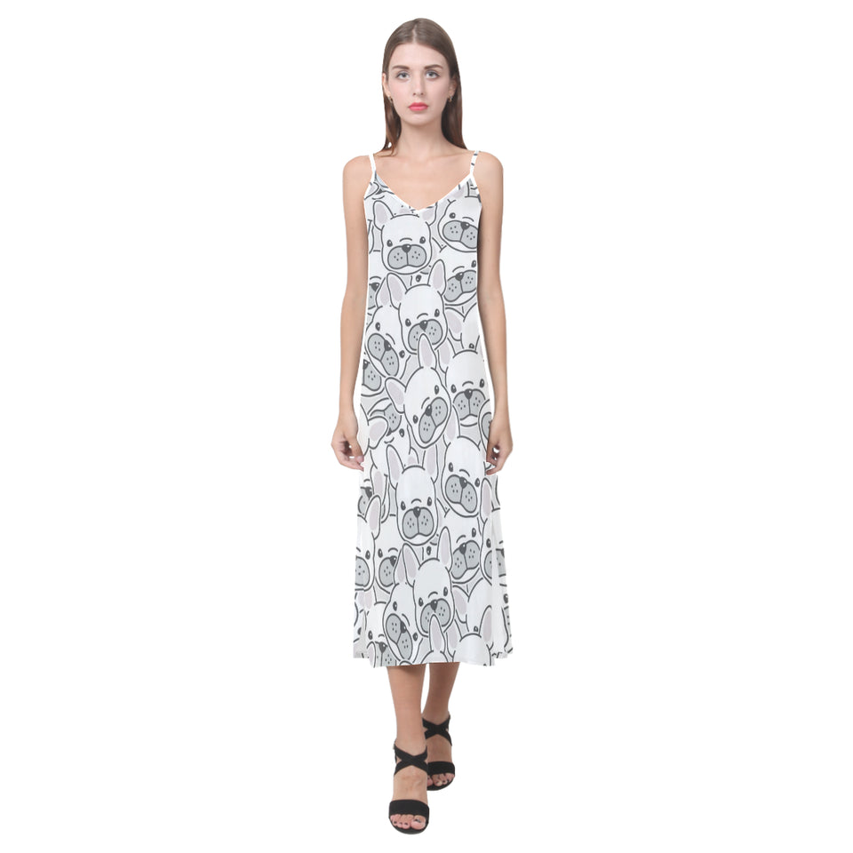 Cute french bulldog head pattern V-Neck Open Fork Long Dress