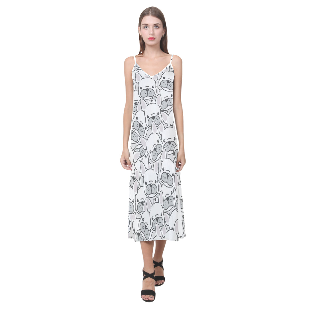 Cute french bulldog head pattern V-Neck Open Fork Long Dress