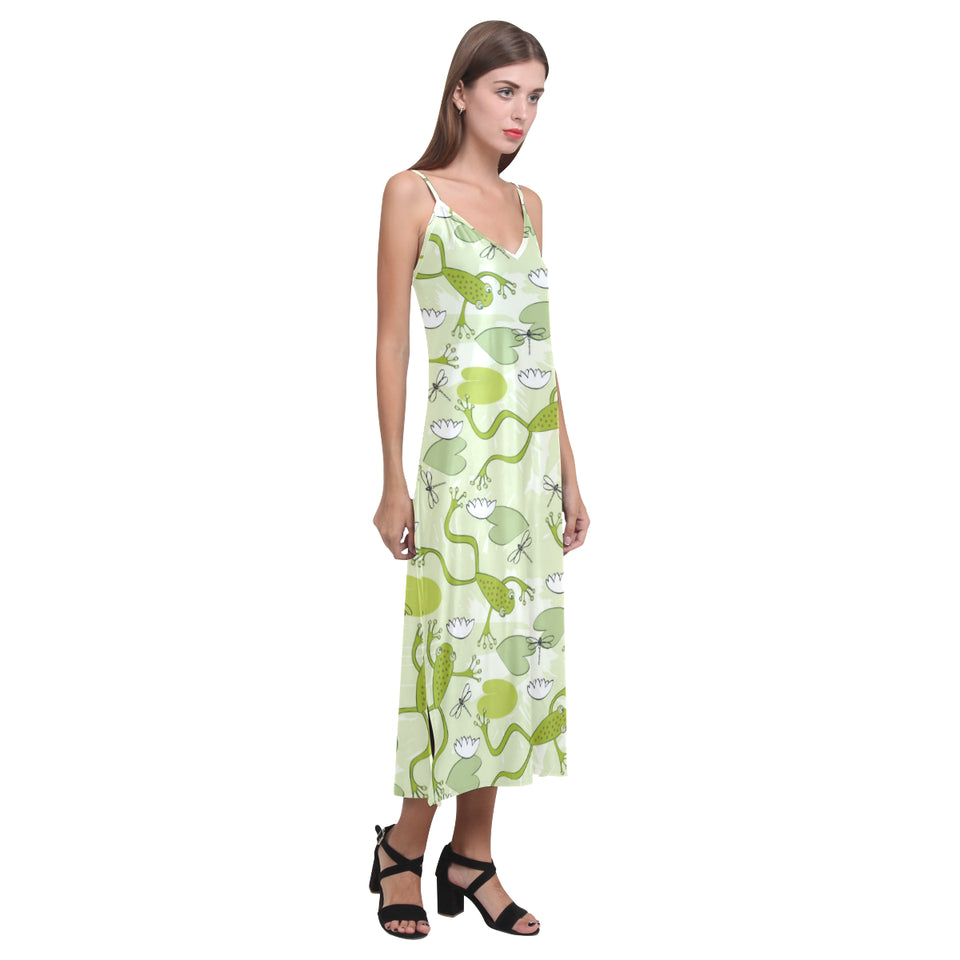 Cute frog dragonfly pattern V-Neck Open Fork Long Dress