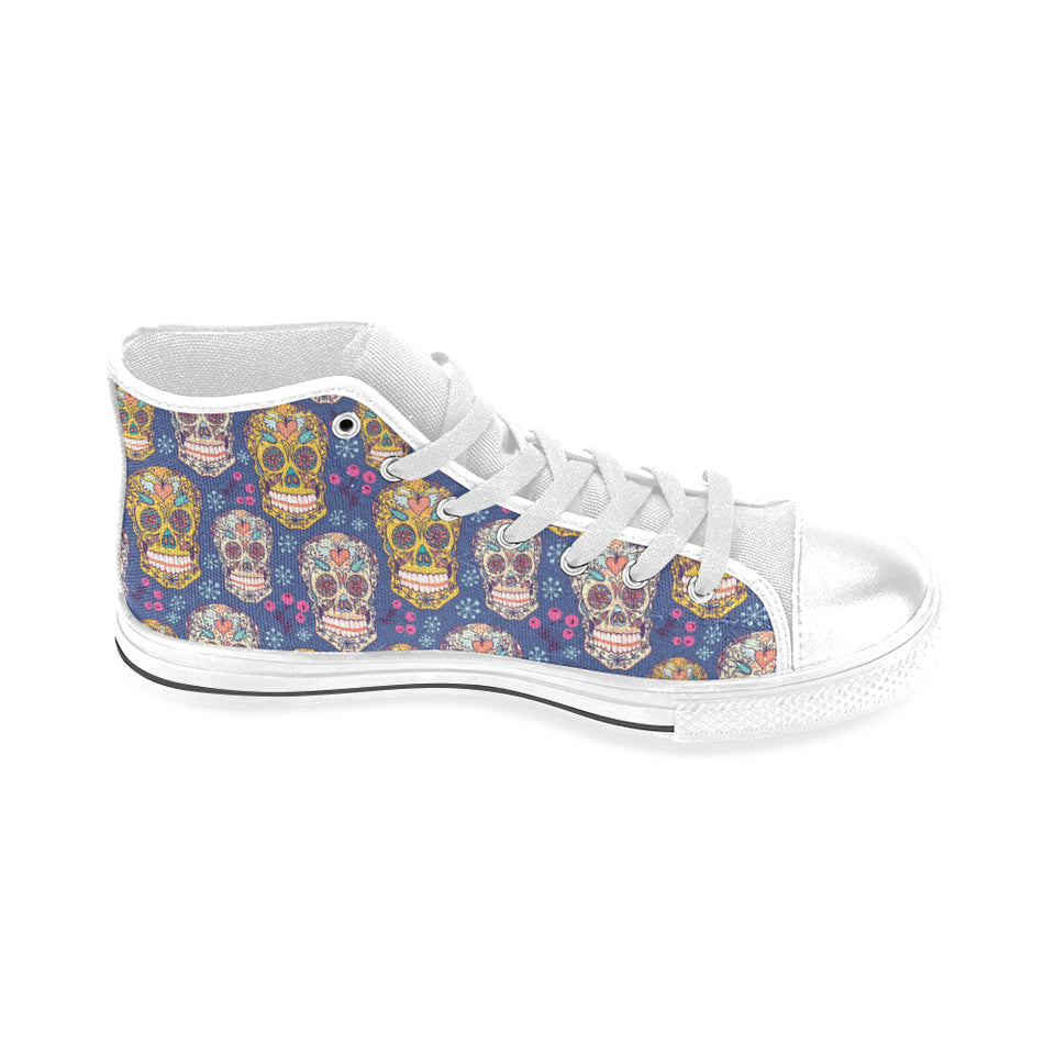 Sugar skull flower pattern Men's High Top Canvas Shoes White