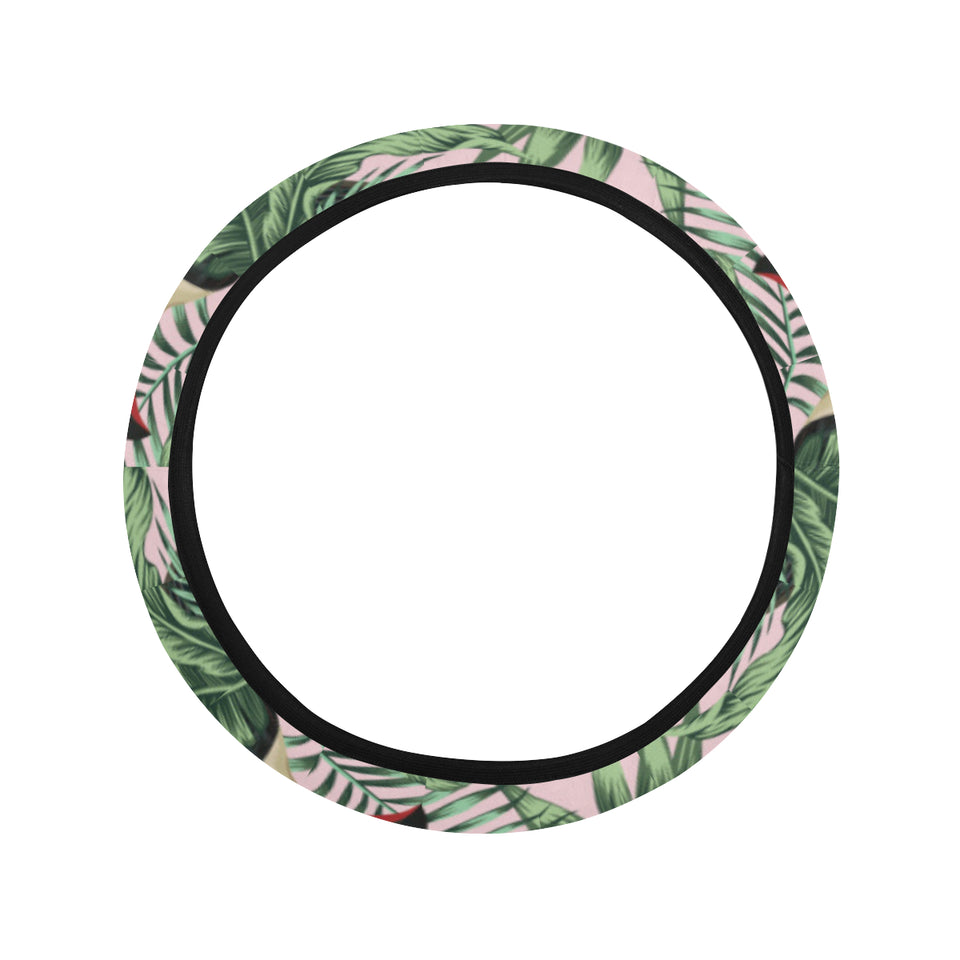 Toucan tropical green jungle palm pattern Car Steering Wheel Cover