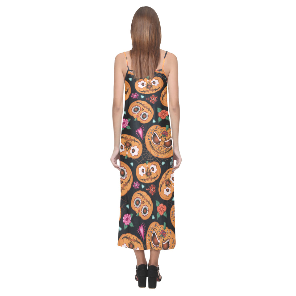 Pumpkin flowers spiderweb Halloween theme V-Neck Open Fork Long Dress