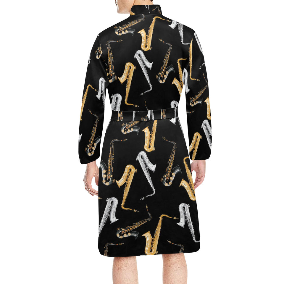 saxophone design pattern Men's Long Sleeve Belted Night Robe