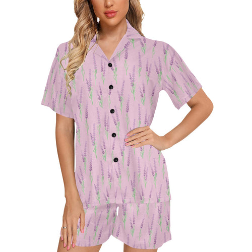 Lavender pattern pink background Women's V-Neck Short Pajama Set