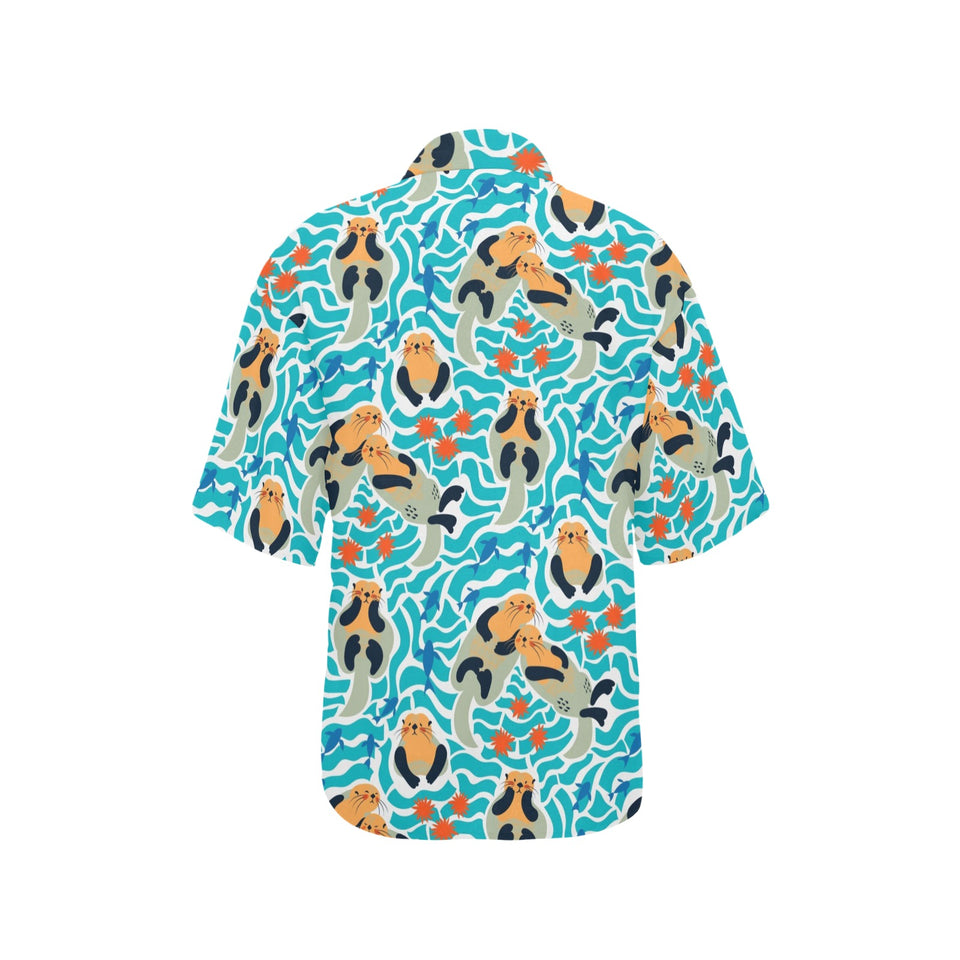 Cute sea otters fishe sea urchin pattern Women's All Over Print Hawaiian Shirt