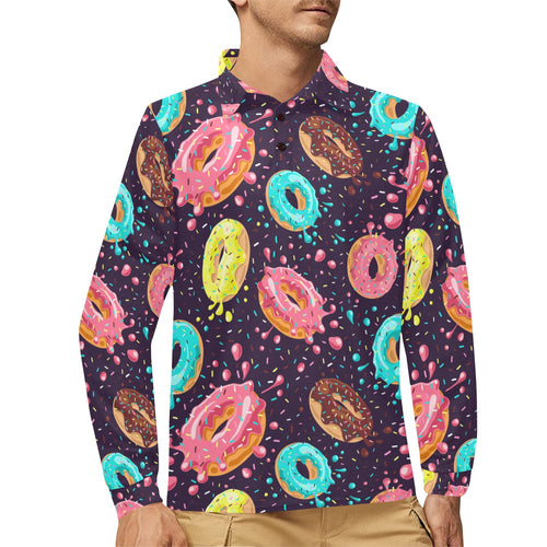 Colorful donut glaze pattern Men's Long Sleeve Polo Shirt