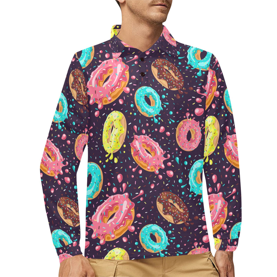 Colorful donut glaze pattern Men's Long Sleeve Polo Shirt