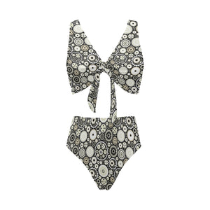 Gear Pattern Print Design 02 Chest Bowknot High Waisted Bikini Swimsuit