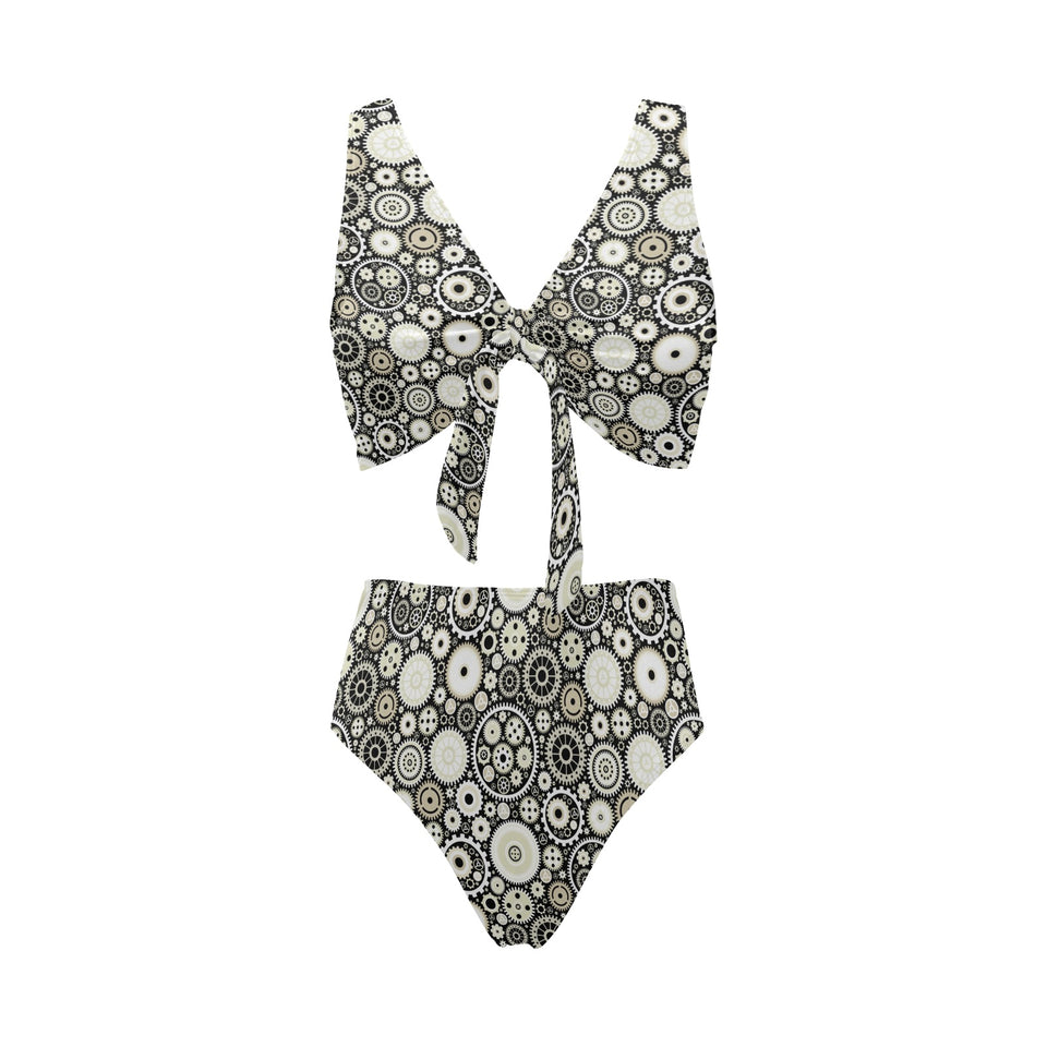 Gear Pattern Print Design 02 Chest Bowknot High Waisted Bikini Swimsuit