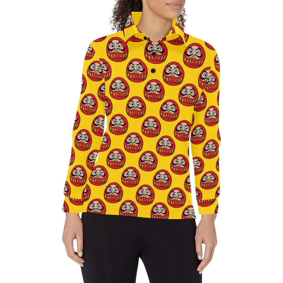 Daruma japanese wooden doll yellow background Women's Long Sleeve Polo Shirt