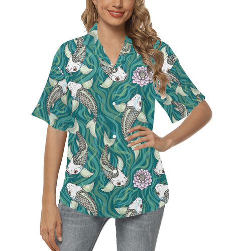 Koi Fish Carp Fish lotus pattern Women's All Over Print Hawaiian Shirt