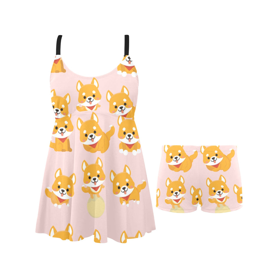 Cute shiba inu dog pattern Chest Sexy Pleated Two Piece Swim Dress
