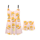 Cute shiba inu dog pattern Chest Sexy Pleated Two Piece Swim Dress