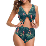 heliconia flowers, palm and monstera leaves on bla Chest Bowknot High Waisted Bikini Swimsuit