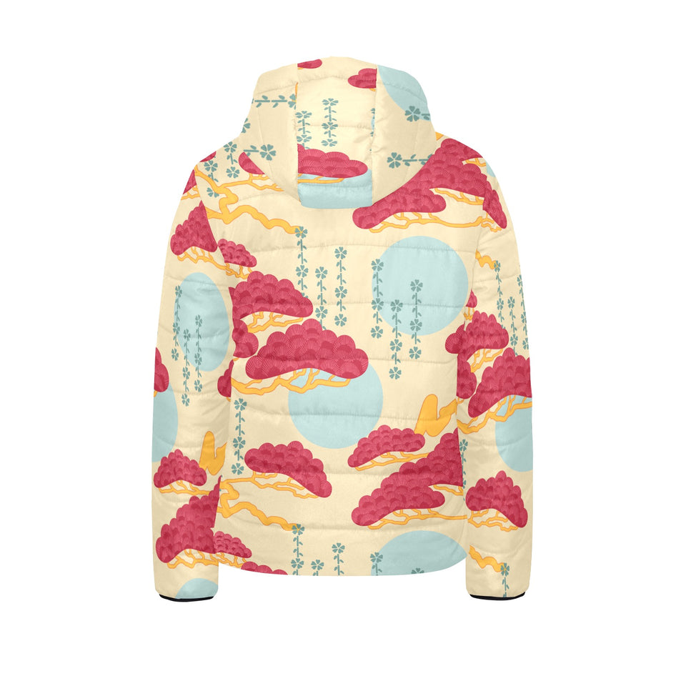 Red Bonsai gray sun japanese pattern Kids' Boys' Girls' Padded Hooded Jacket