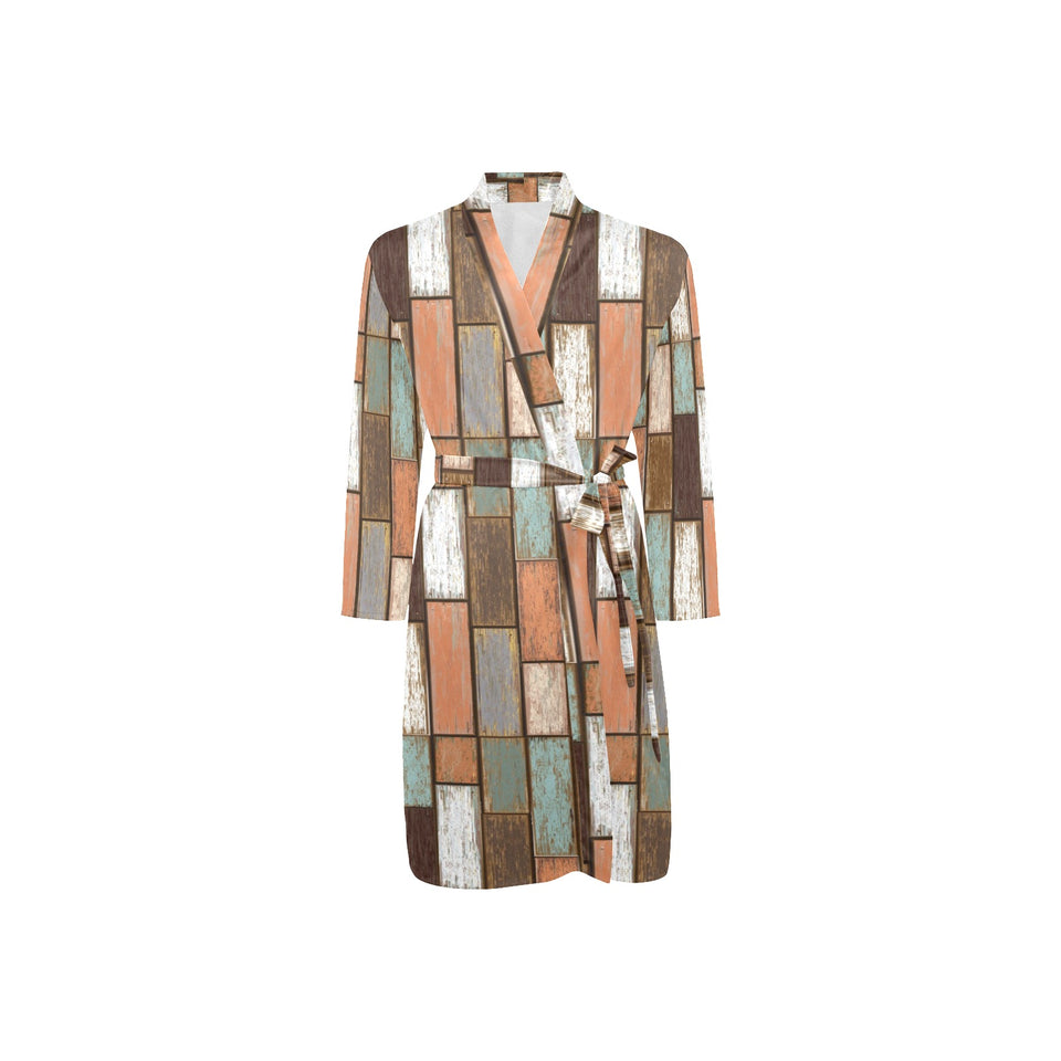 Wood Printed Pattern Print Design 02 Men's Long Sleeve Belted Night Robe