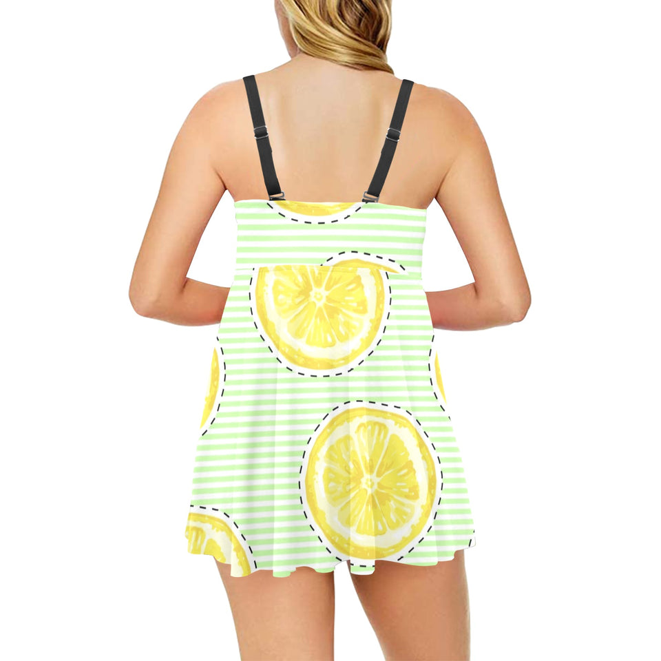 slice of lemon pattern Chest Sexy Pleated Two Piece Swim Dress