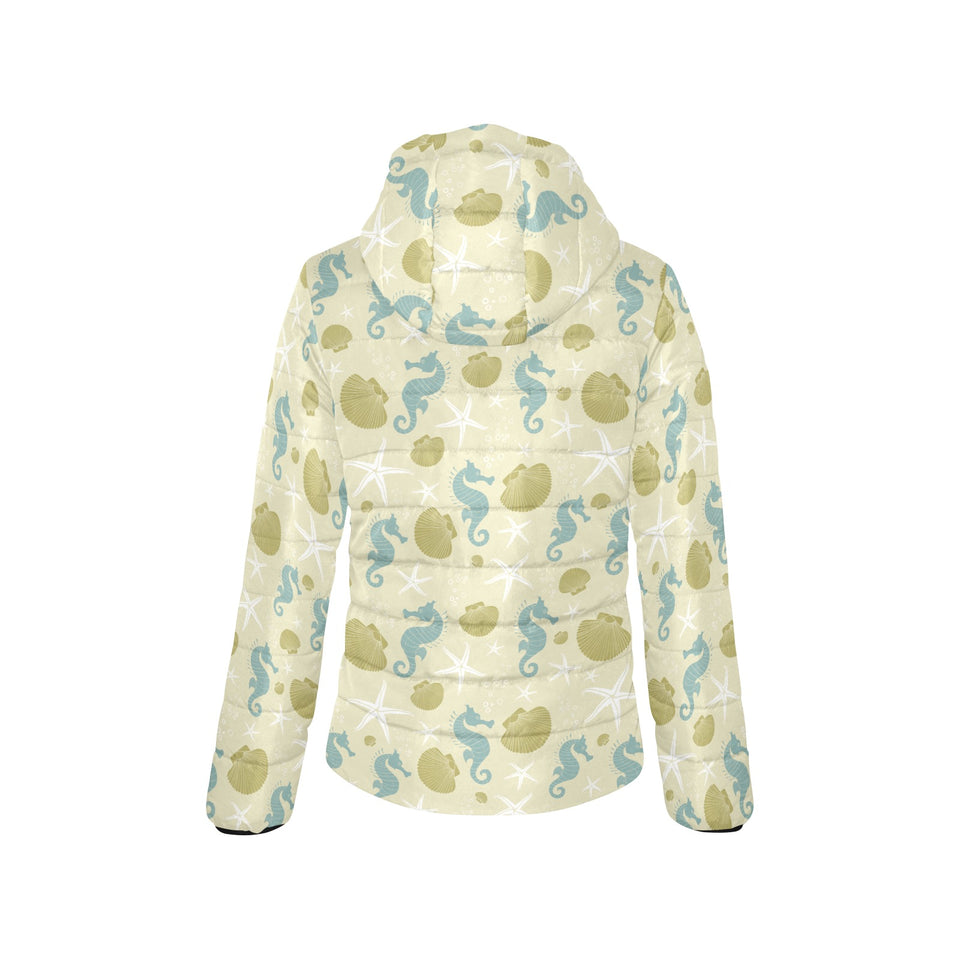 Seahorse shell starfish pattern background Women's Padded Hooded Jacket