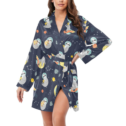 Cute sloth astronaut star planet rocket pattern Women's Long Sleeve Belted Night Robe