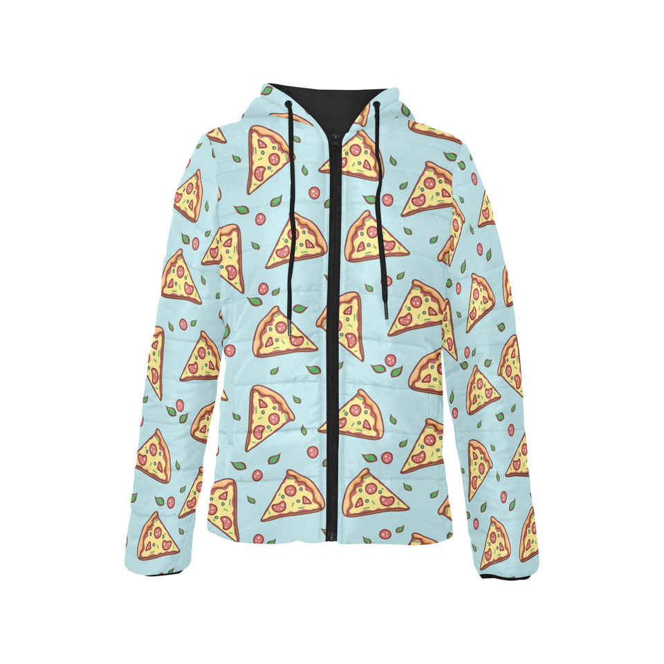 Hand drawn pizza blue background Women's Padded Hooded Jacket