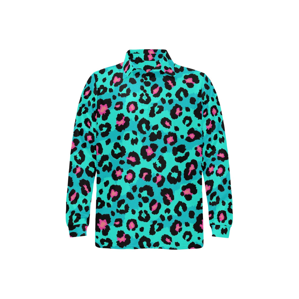Green leopard skin print pattern Men's Long Sleeve Polo Shirt