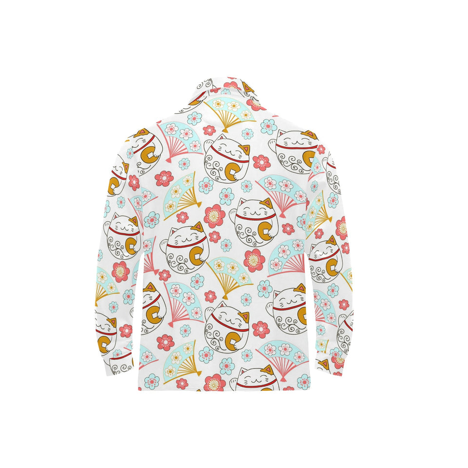 Maneki neko cat fan sakura Men's Long Sleeve Polo Shirt