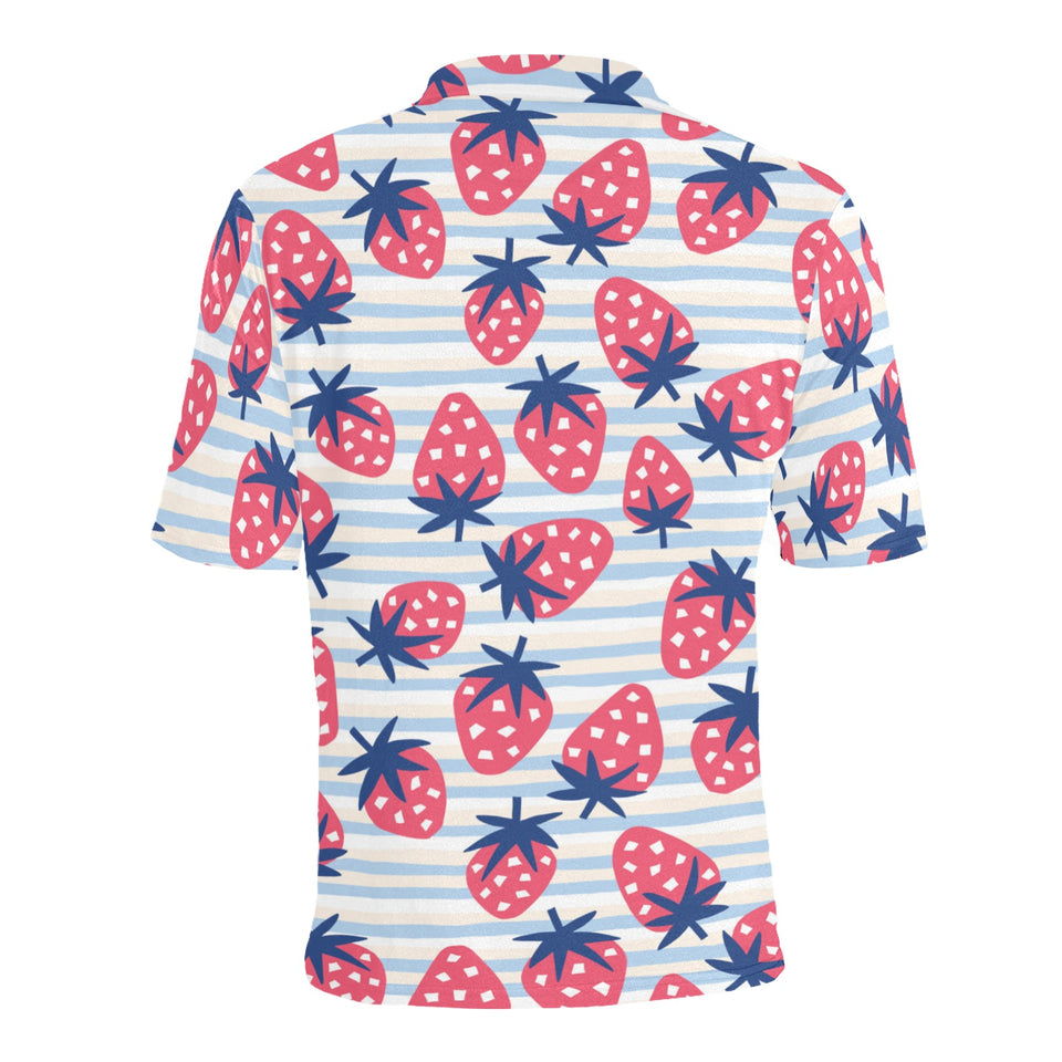 Strawberry pattern blue lines background Men's All Over Print Polo Shirt