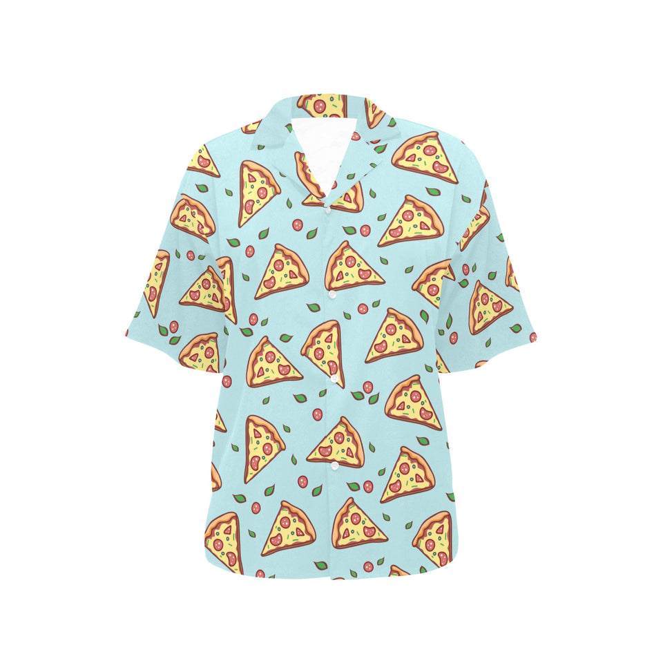 Hand drawn pizza blue background Women's All Over Print Hawaiian Shirt