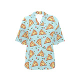 Hand drawn pizza blue background Women's All Over Print Hawaiian Shirt